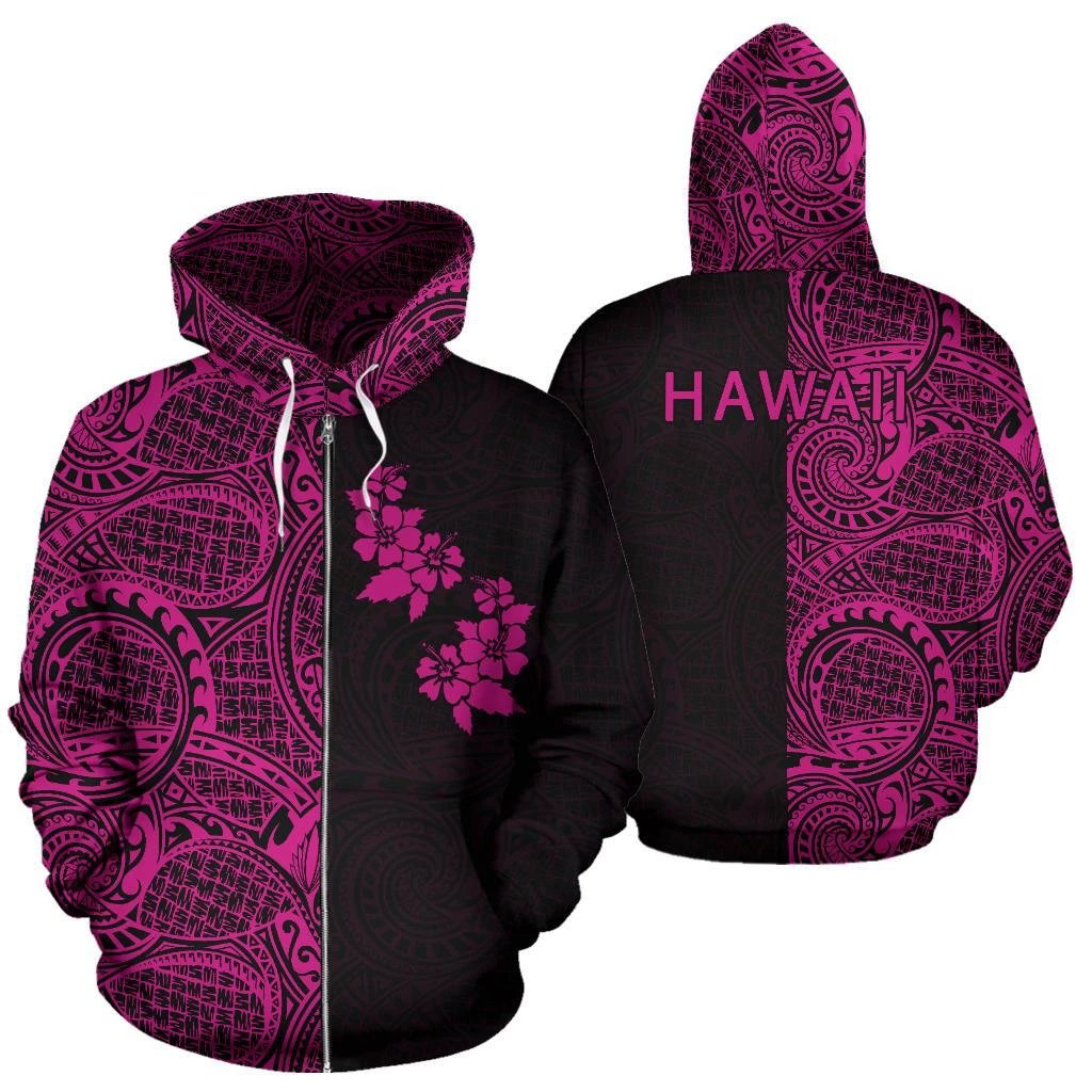 Hibiscus Hoodie Zip up Polynesian Half Style Pink Unisex Pink - Polynesian Pride