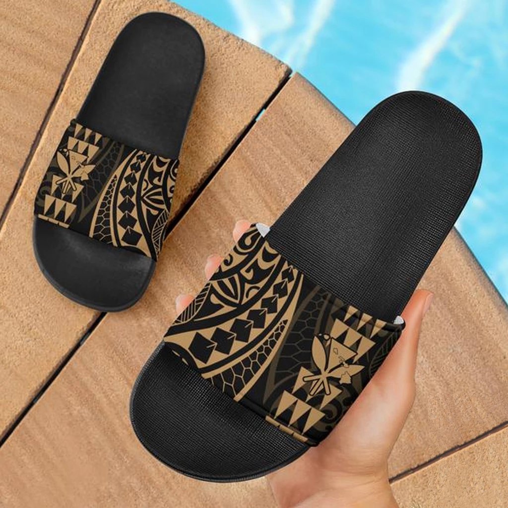 Kanaka Map Tribal Slide Sandals Gold Black Black - Polynesian Pride