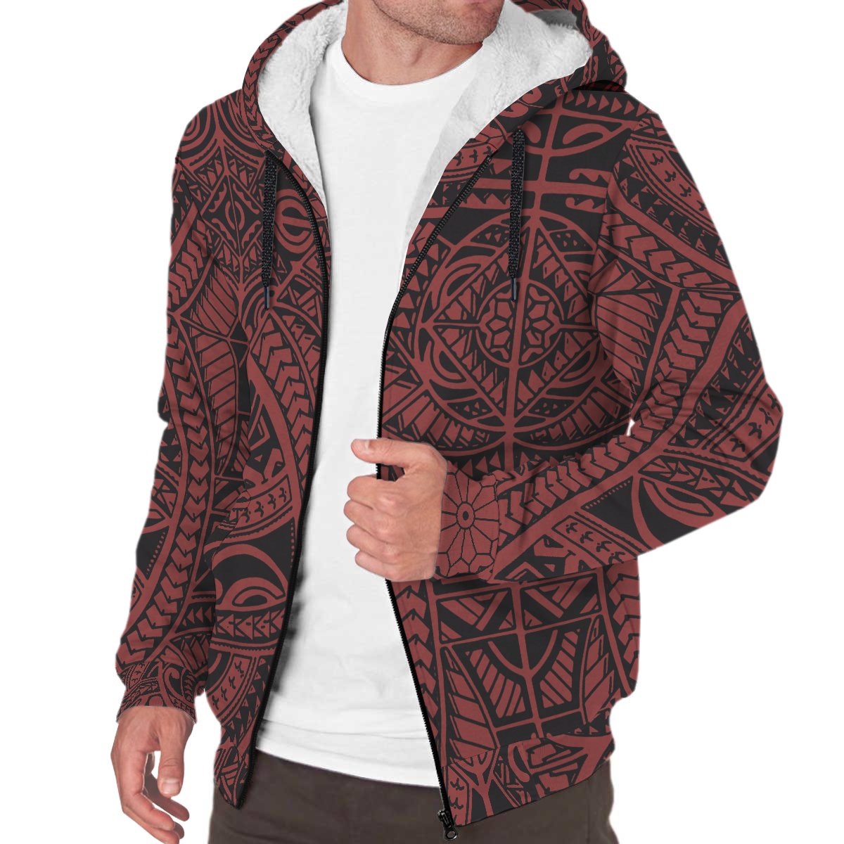 Polynesian Patterns Sherpa Hoodie - Red Style White - Polynesian Pride