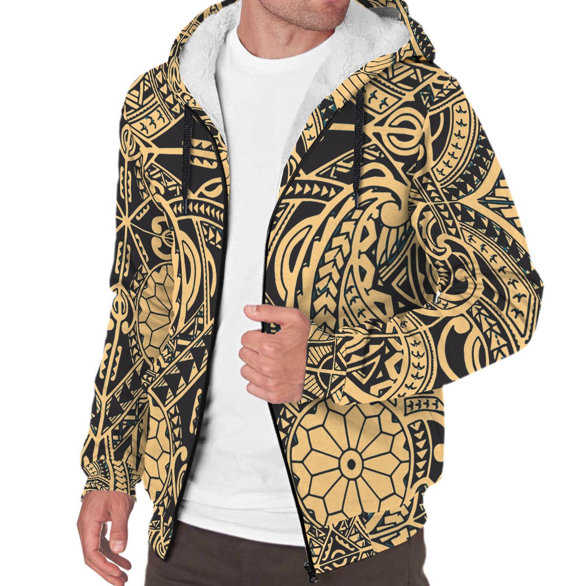 Polynesian Patterns Sherpa Hoodie - Gold Style White - Polynesian Pride