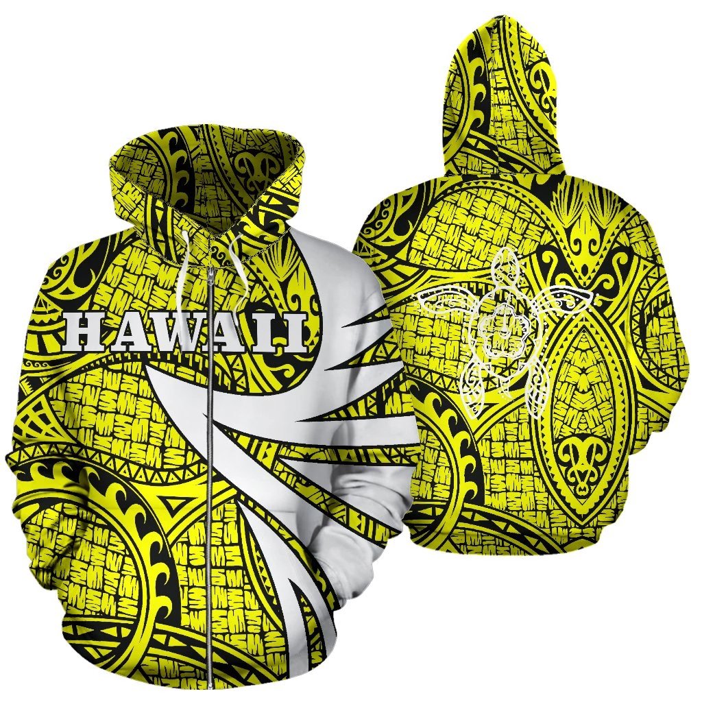 Hawaii Turtle Polynesian Zip up Hoodie Warrior Style Unisex Yellow - Polynesian Pride