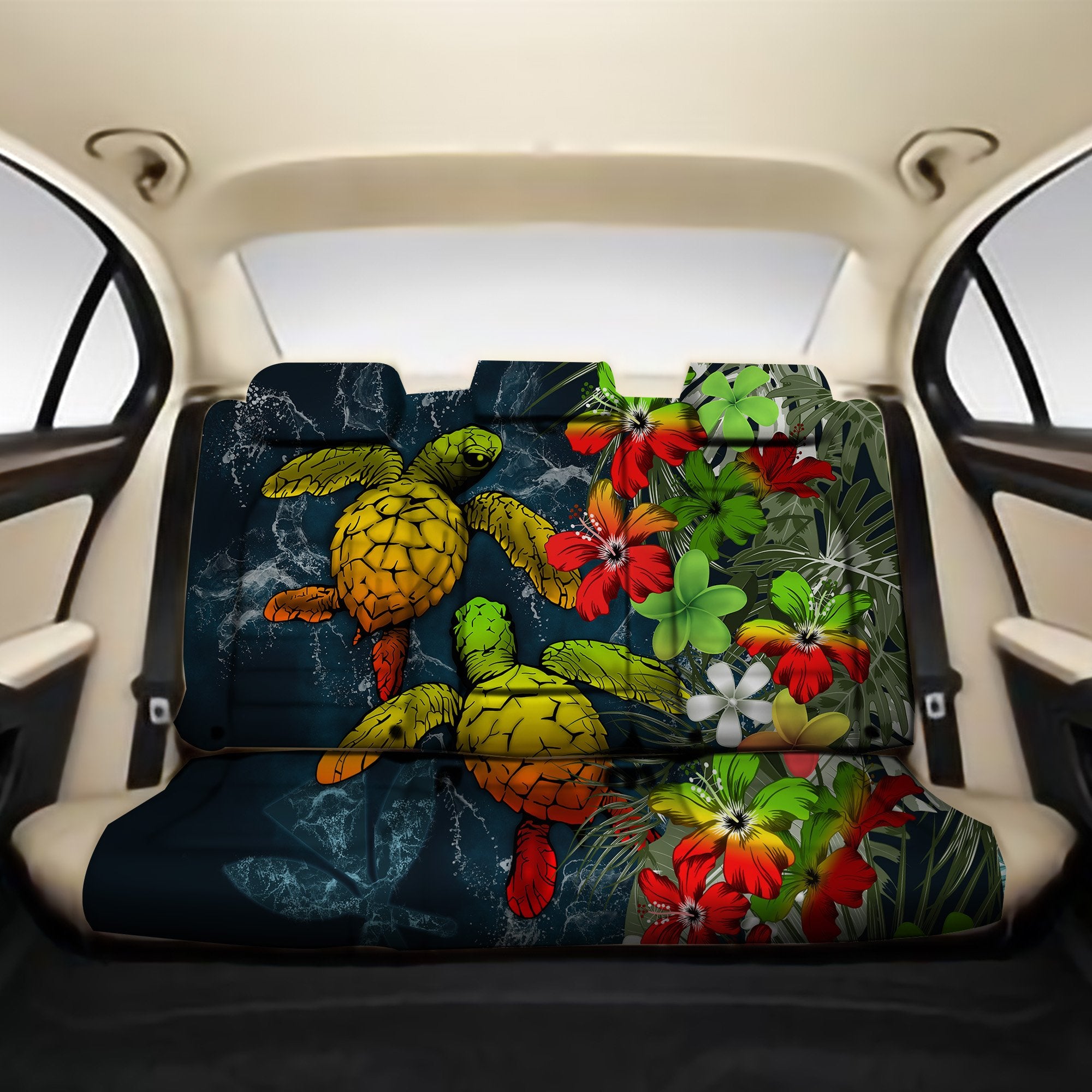 Kanaka Maoli (Hawaiian) Back Car Seat Covers - Sea Turtle Tropical Hibiscus And Plumeria Reggae Back Car Seat Covers One Size Reggae - Polynesian Pride