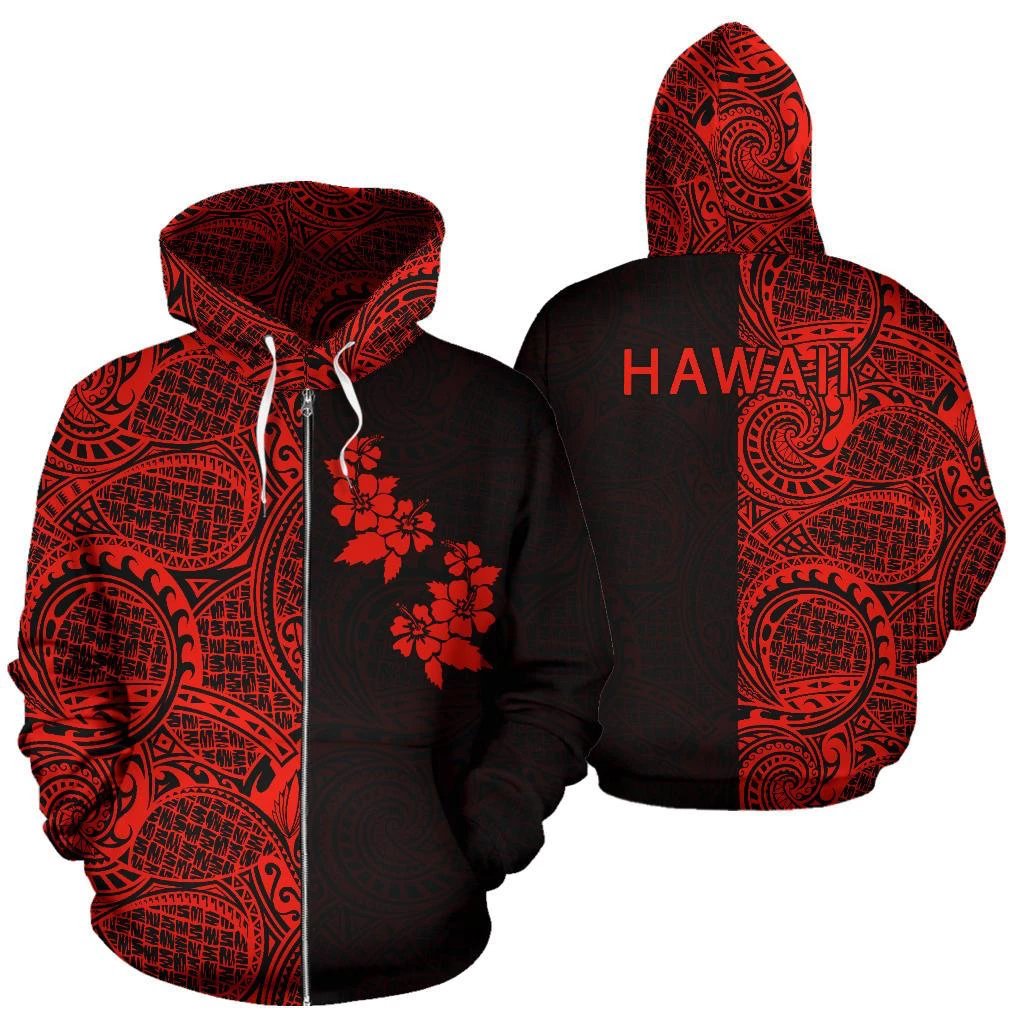 Hibiscus Hoodie Zip up Polynesian Half Style Red Unisex Red - Polynesian Pride