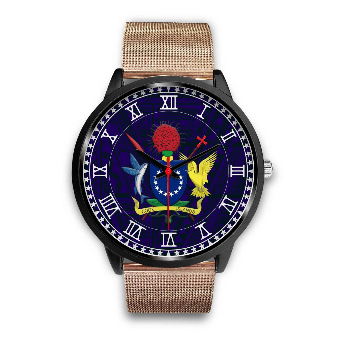 Cook Islands Coat Of Arms Black Watch Rose Gold Metal Mesh Stainless Steel Band - Polynesian Pride