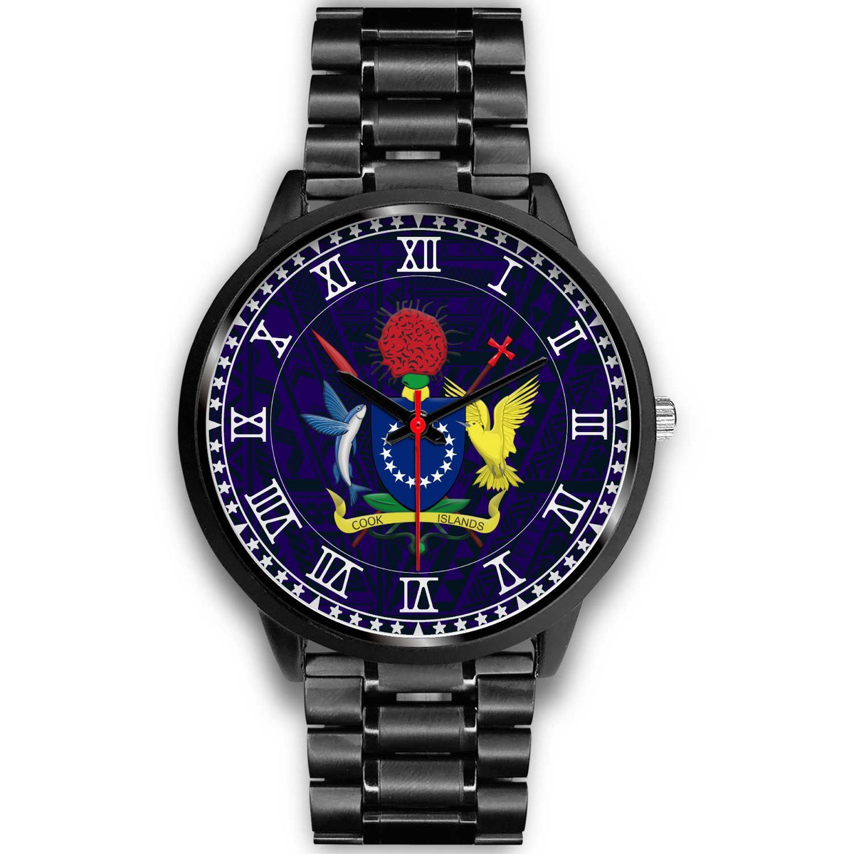 Cook Islands Coat Of Arms Black Watch Black Metal Link Stainless Steel Band - Polynesian Pride