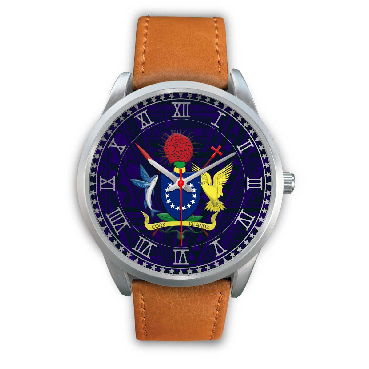 Cook Islands Coat Of Arms Silver Watch Brown Leather Silver - Polynesian Pride