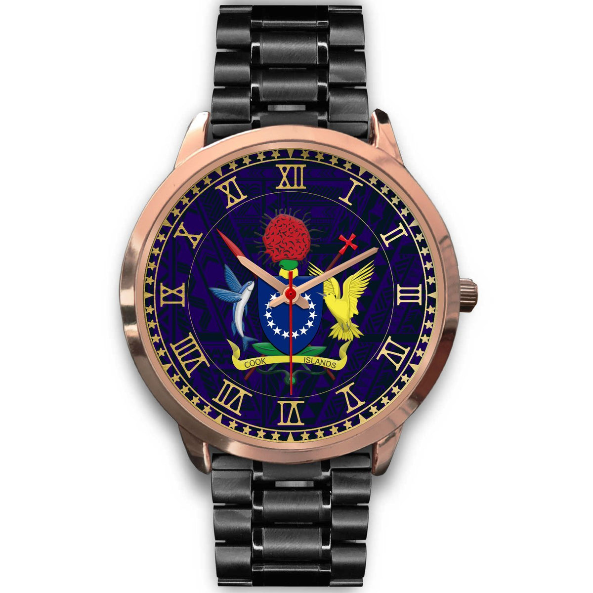 Cook Islands Coat Of Arms Rose Gold Watch Black Metal Link Gold - Polynesian Pride