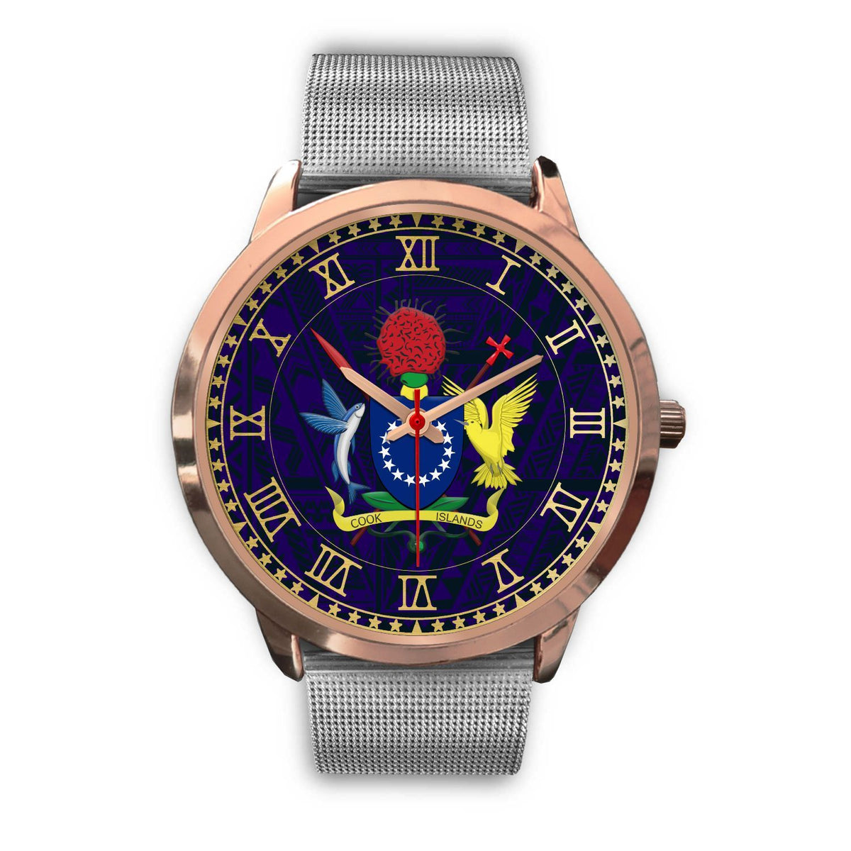 Cook Islands Coat Of Arms Rose Gold Watch Silver Metal Mesh Gold - Polynesian Pride