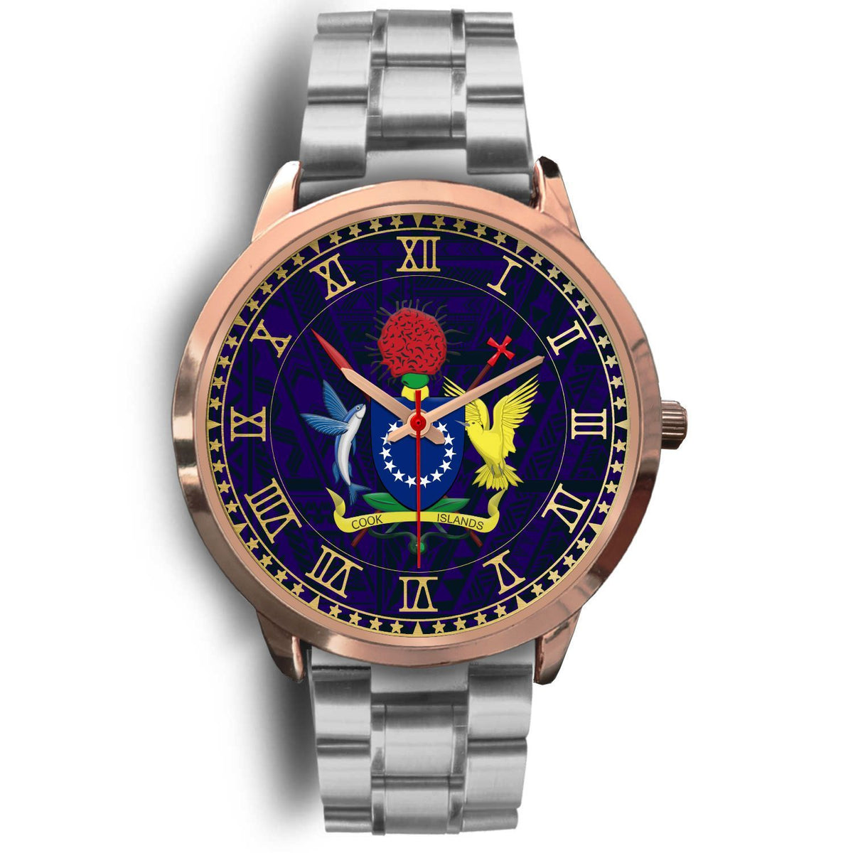 Cook Islands Coat Of Arms Rose Gold Watch Silver Metal Link Gold - Polynesian Pride