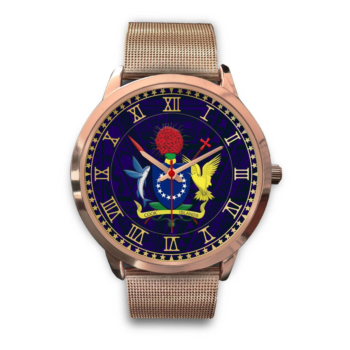 Cook Islands Coat Of Arms Rose Gold Watch Rose Gold Metal Mesh Gold - Polynesian Pride