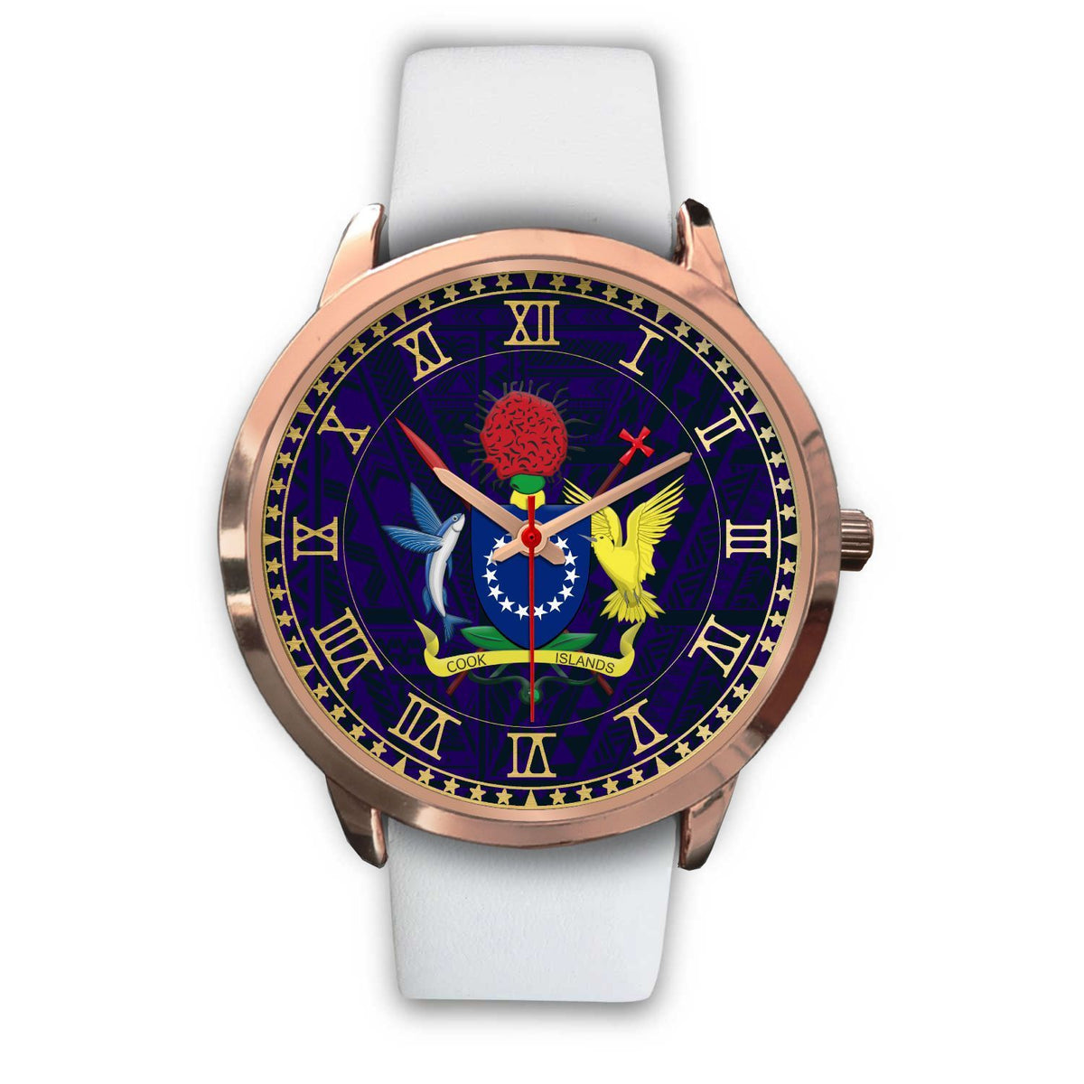 Cook Islands Coat Of Arms Rose Gold Watch White Leather Gold - Polynesian Pride