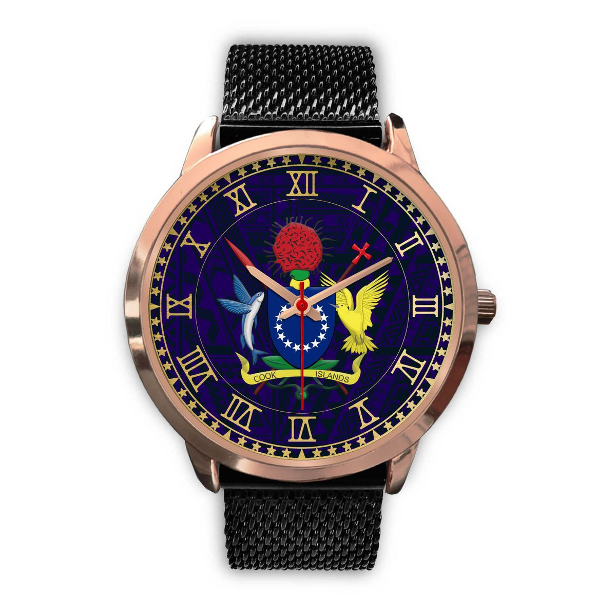 Cook Islands Coat Of Arms Rose Gold Watch Black Metal Mesh Gold - Polynesian Pride