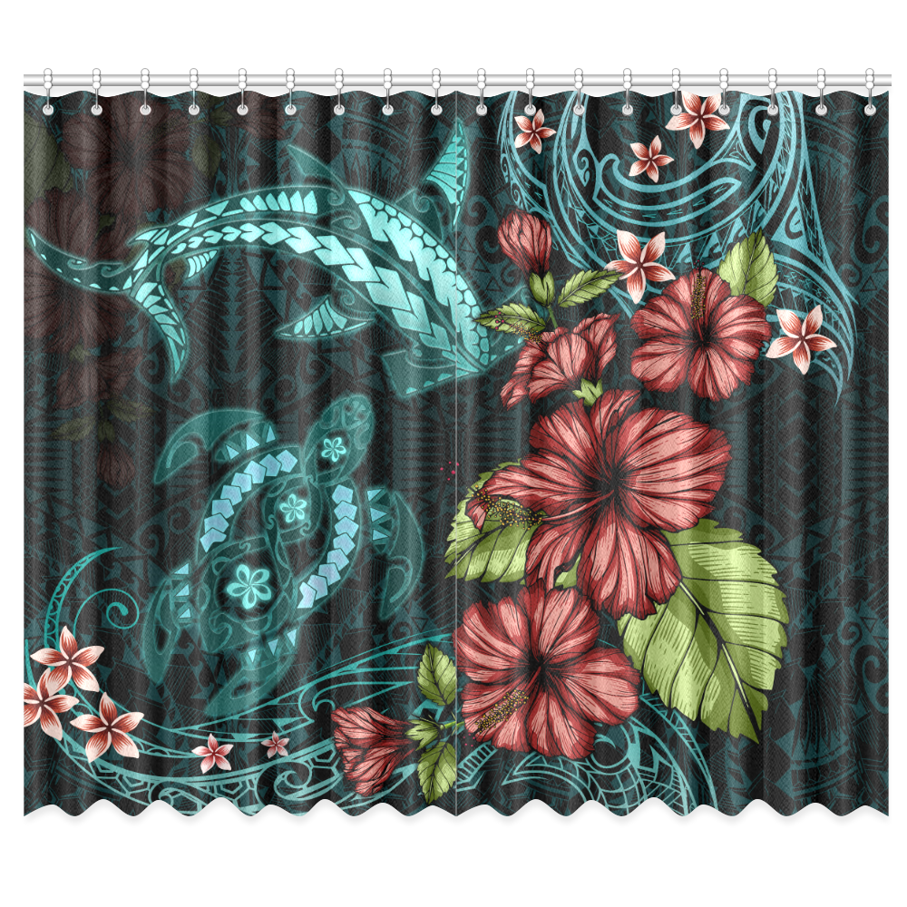 Shark and Turtle Window Curtain Polynesian Hibiscus (Two Pieces) One Size 50"x84"(Two Piece) Black - Polynesian Pride