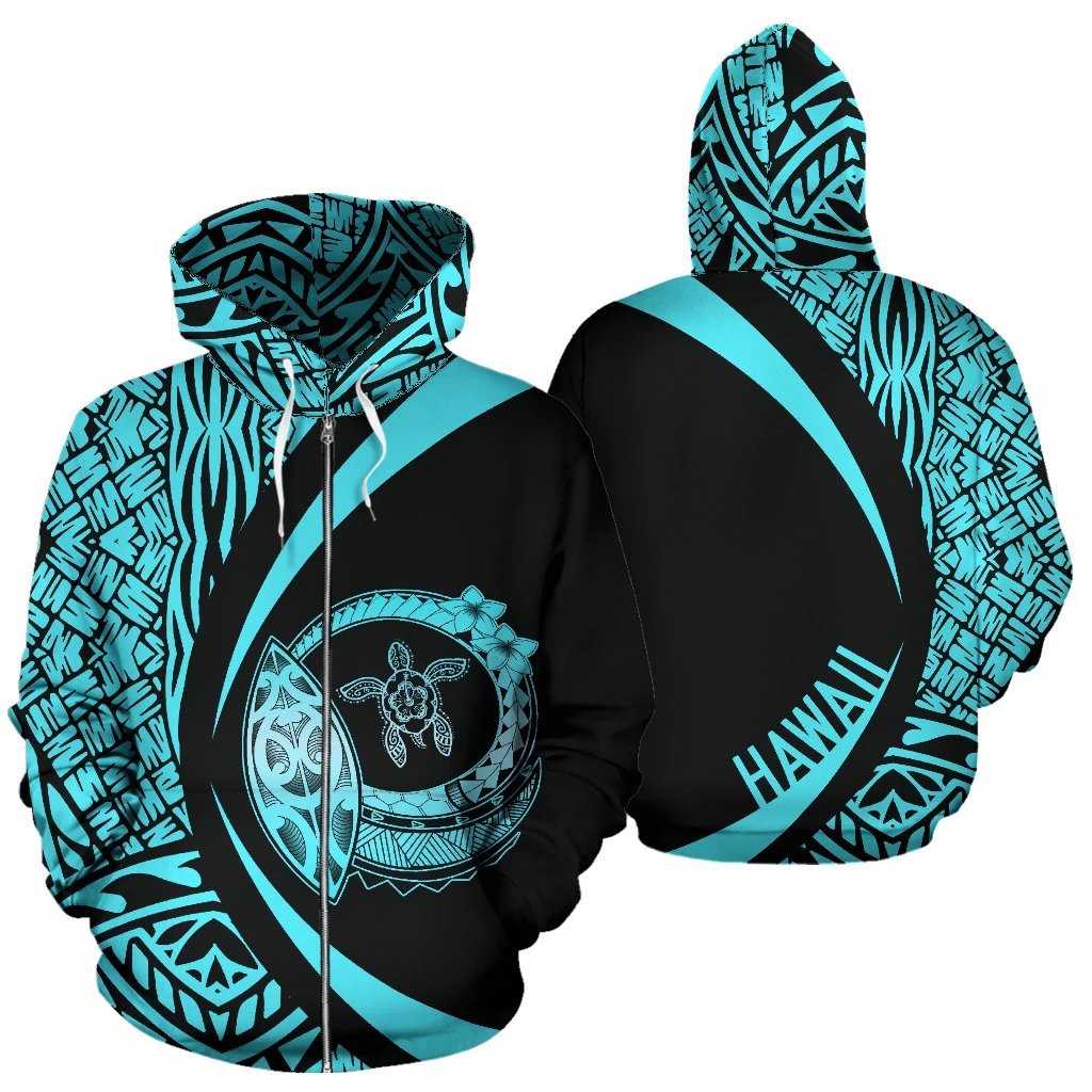 Hawaii Turtle Polynesian Zip up Hoodie Circle Style Blue Unisex Blue - Polynesian Pride