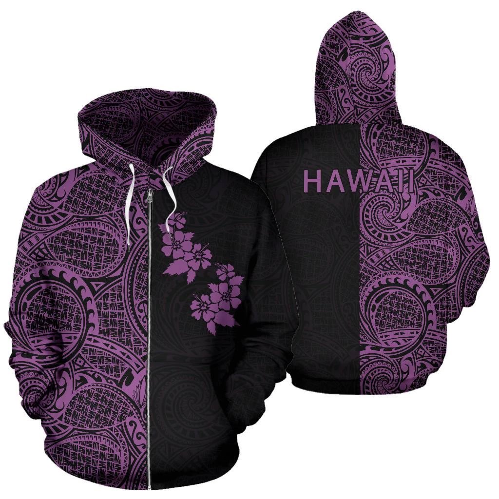 Hibiscus Hoodie Zip up Polynesian Half Style Violet Unisex Violet - Polynesian Pride
