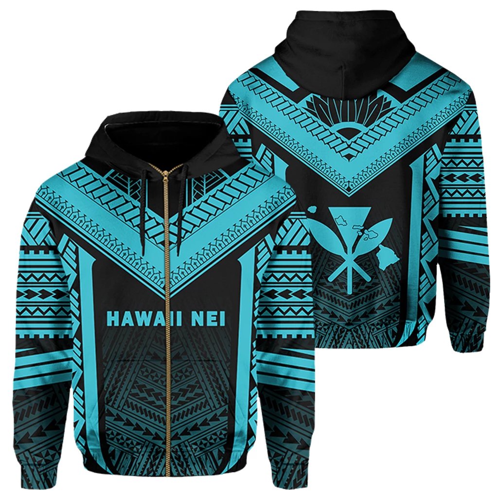 Hawaii Kanaka Polynesian Zip up Hoodie Active Blue Unisex Blue - Polynesian Pride