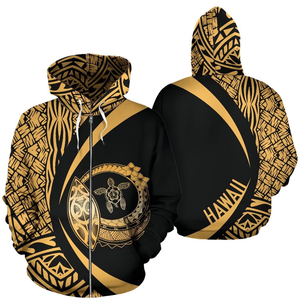 Hawaii Turtle Polynesian Zip up Hoodie Circle Style Gold Unisex Gold - Polynesian Pride