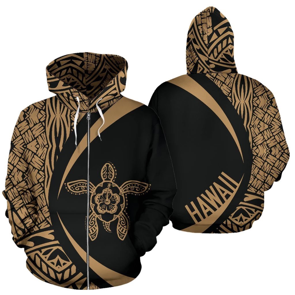 Hawaii Turtle Polynesian Zip up Hoodie Circle Style Golden Color Unisex Gold - Polynesian Pride