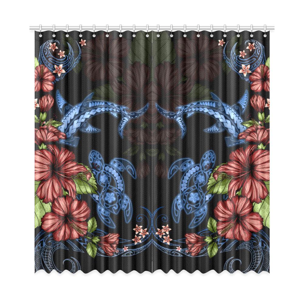 Turtle And Shark With Hibiscus Window Curtain ( Two Piece) One Size 52"x108"(Two Piece) Black - Polynesian Pride