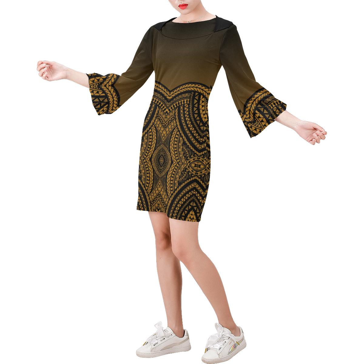 Micronesia Pattern Bell Sleeve Dress - Yellow Versison Women Yellow - Polynesian Pride