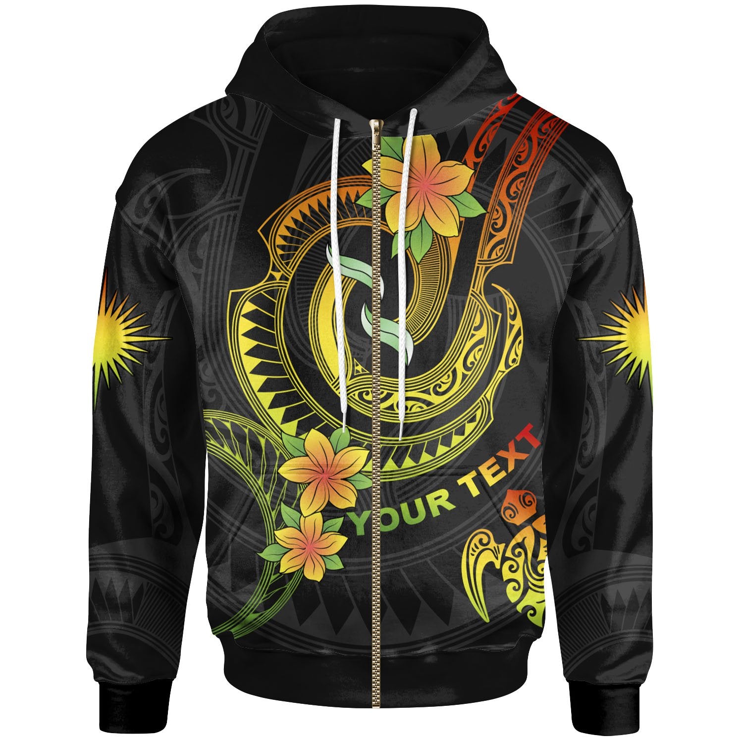 Marshall Islands Custom Zip up Hoodie Reggae Plumeria Flowers with Spiral Patterns Unisex Reggae - Polynesian Pride