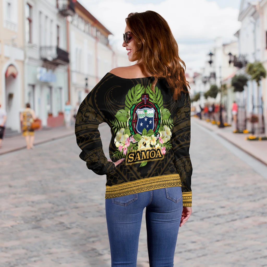 Samoa Women's Off Shoulder Sweater - Polynesian Gold Patterns Collection - Polynesian Pride