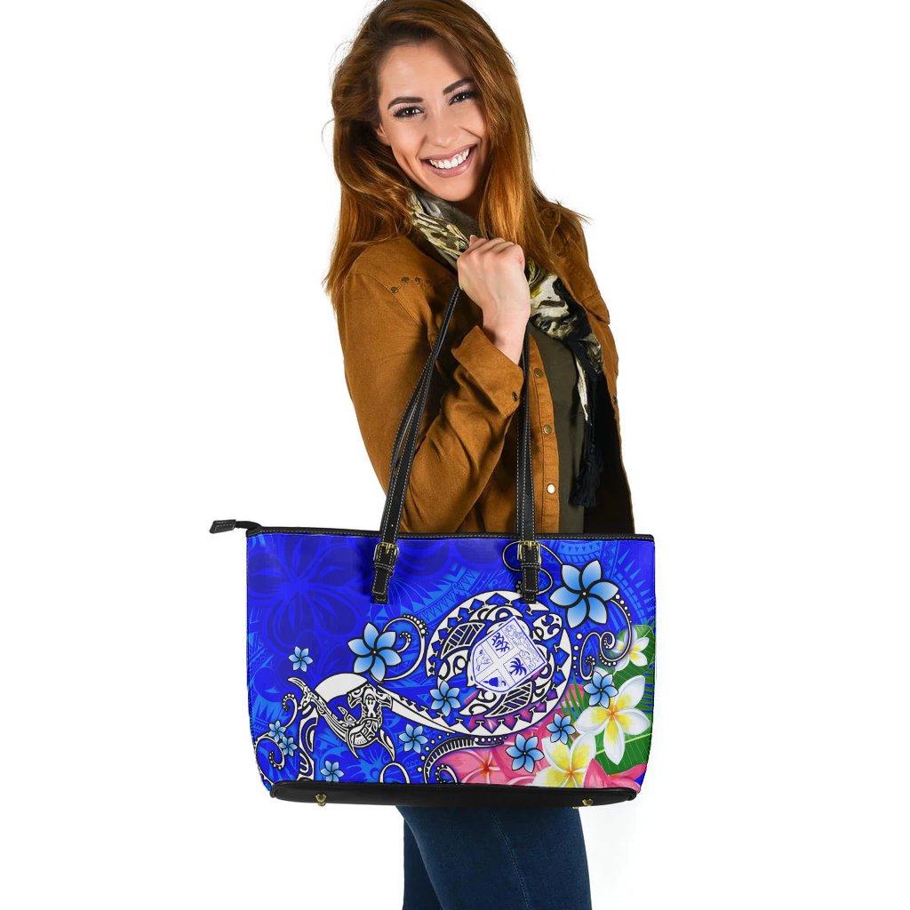 Fiji Large Leather Tote - Turtle Plumeria (Blue) Blue - Polynesian Pride