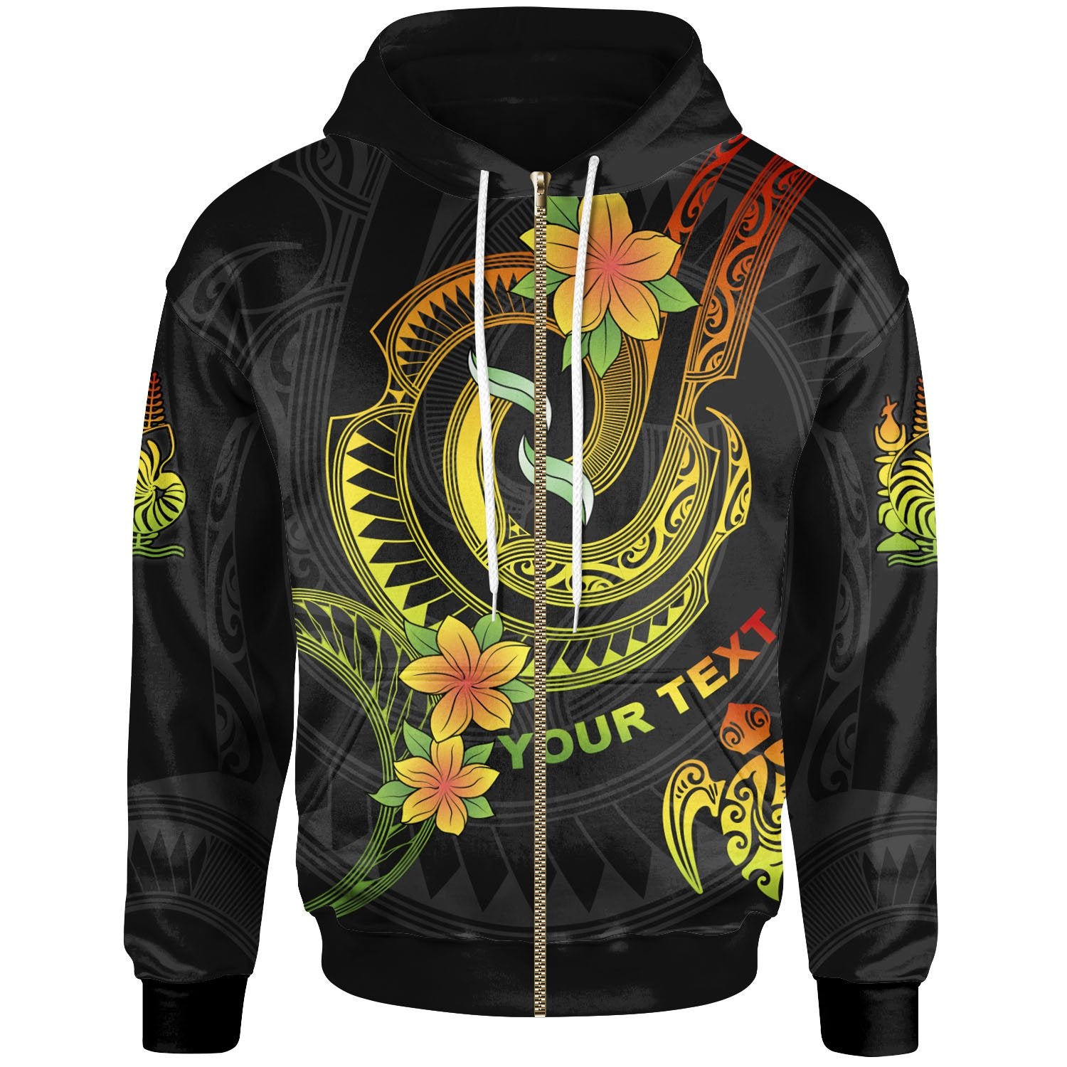 New Caledonia Custom Zip up Hoodie Reggae Plumeria Flowers with Spiral Patterns Unisex Reggae - Polynesian Pride