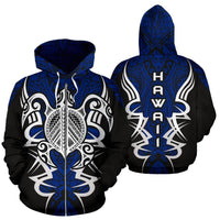 Hawaii Turtle Tribal Blue Zip up Hoodie Armor Style Unisex Blue - Polynesian Pride