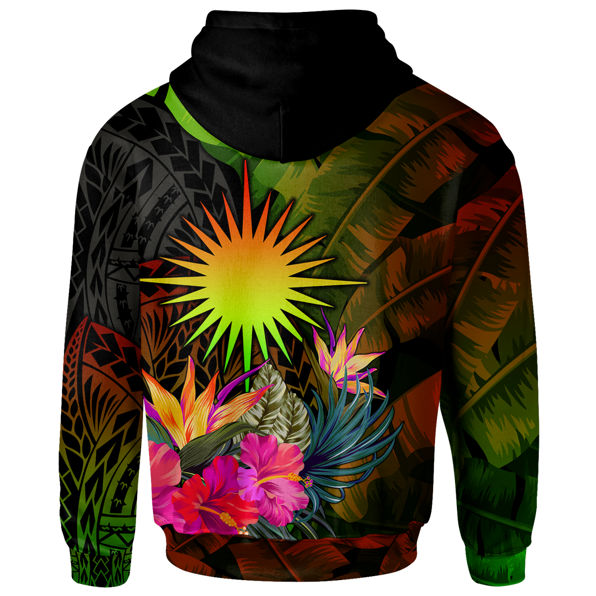 Marshall Islands Polynesian Custom Zip up Hoodie Hibiscus and Banana Leaves - Polynesian Pride