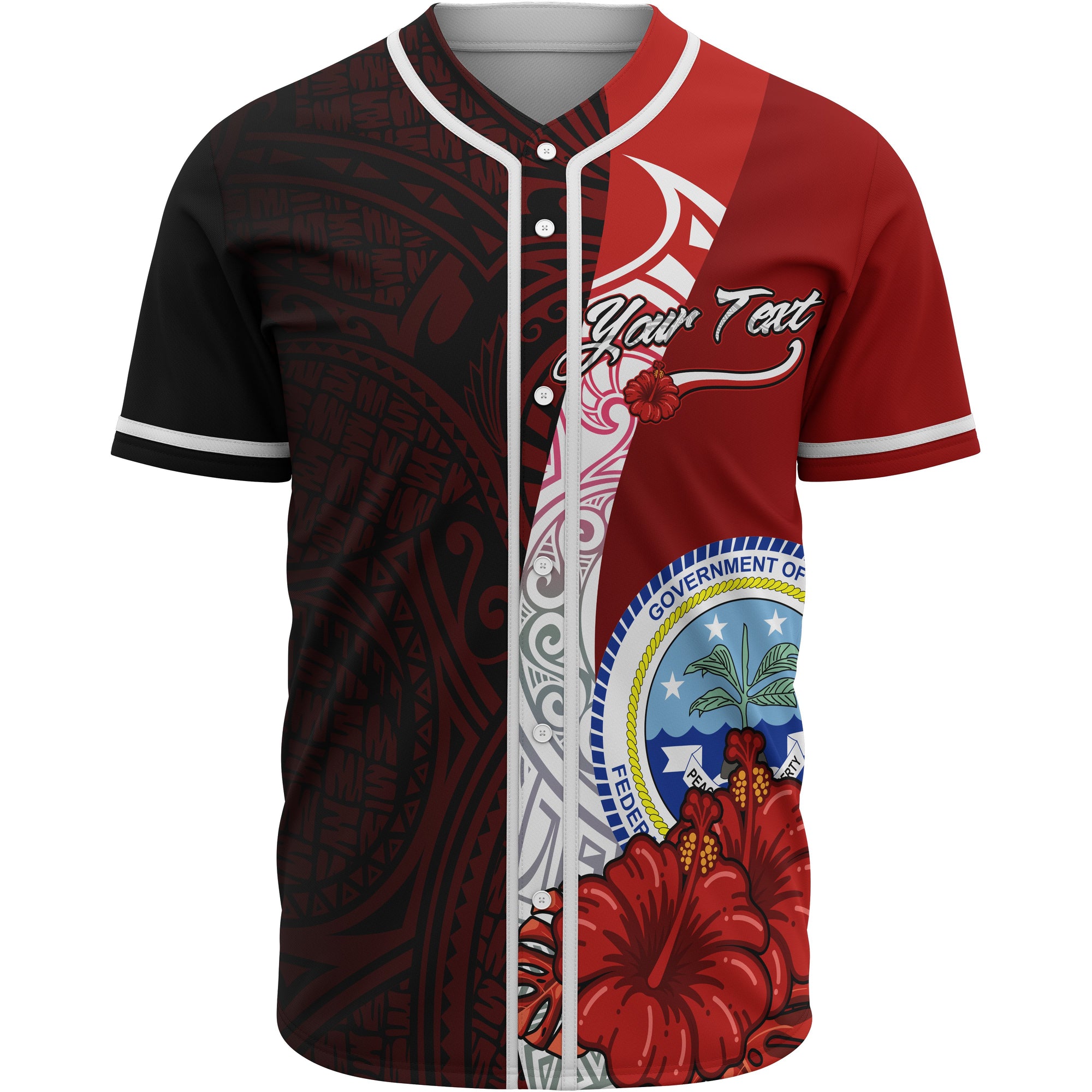 Federated States Of Micronesia Polynesian Custom Personalised Baseball Shirt - Coat Of Arm With Hibiscus Unisex Red - Polynesian Pride