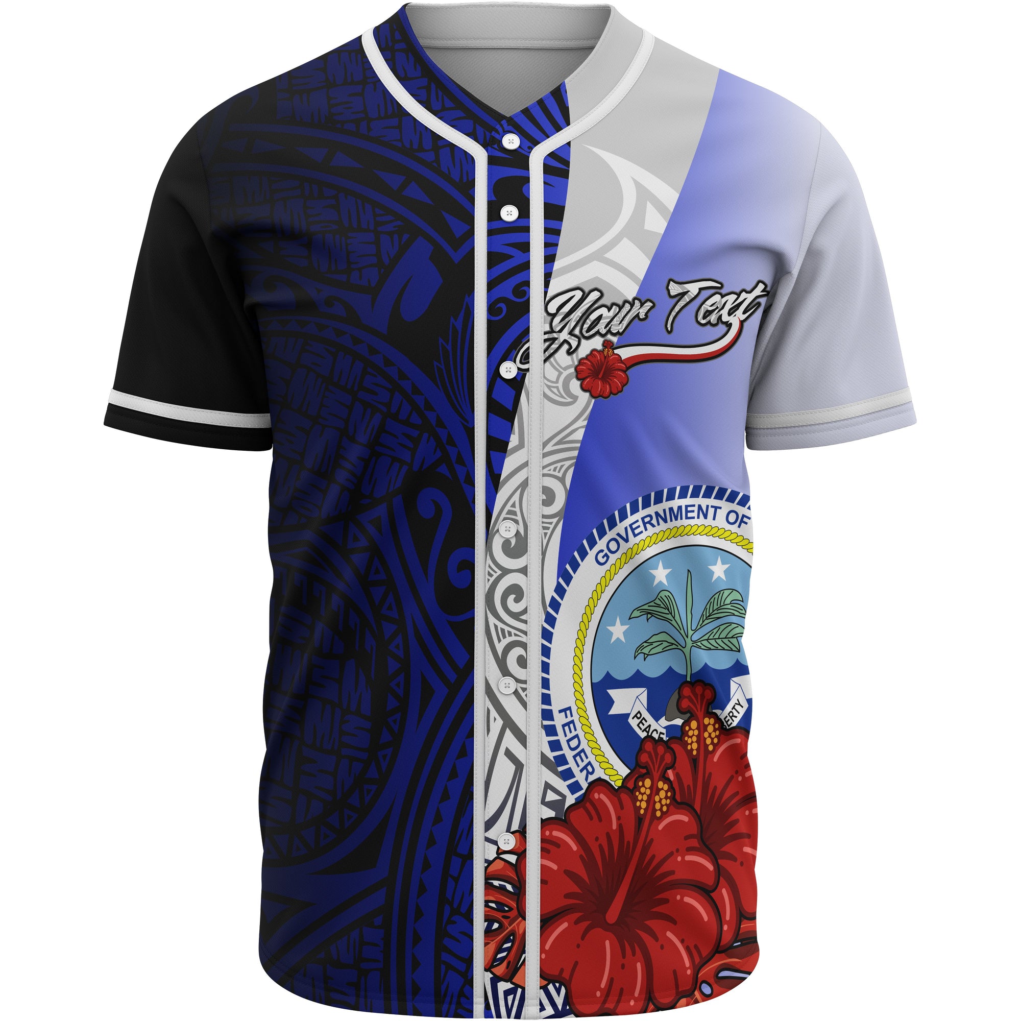 Federated States Of Micronesia Polynesian Custom Personalised Baseball Shirt - Coat Of Arm With Hibiscus Blue Unisex Blue - Polynesian Pride