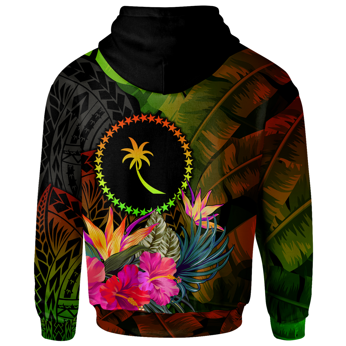 Chuuk Polynesian Hoodie Hibiscus and Banana Leaves - Polynesian Pride
