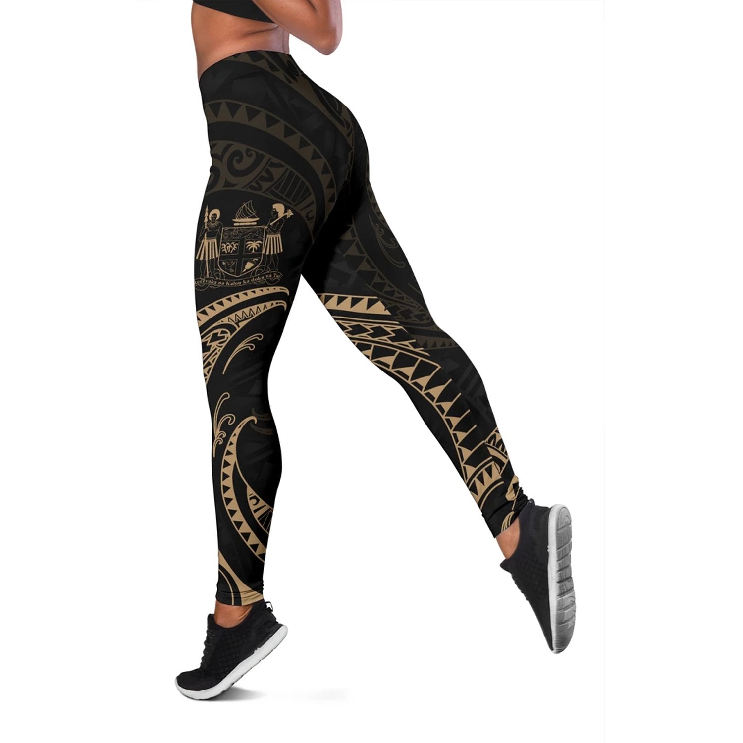 Fiji Polynesian Women's Legging - Gold Tribal Wave Black - Polynesian Pride