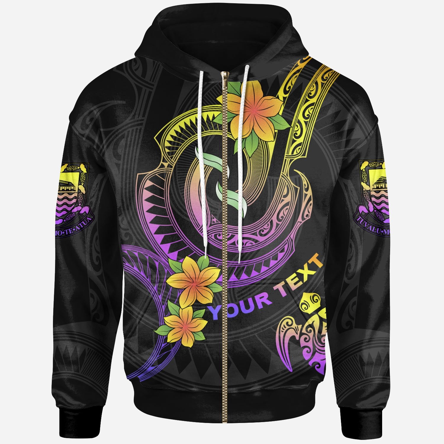 Tuvalu Custom Zip up Hoodie Plumeria Flowers with Spiral Patterns Unisex Black - Polynesian Pride