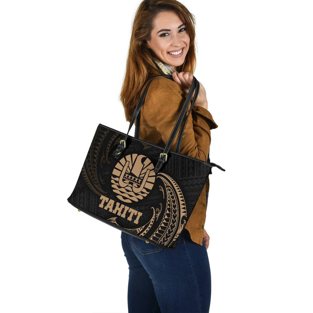 Tahiti Polynesian Leather Tote Bag - Gold Tribal Wave - Polynesian Pride