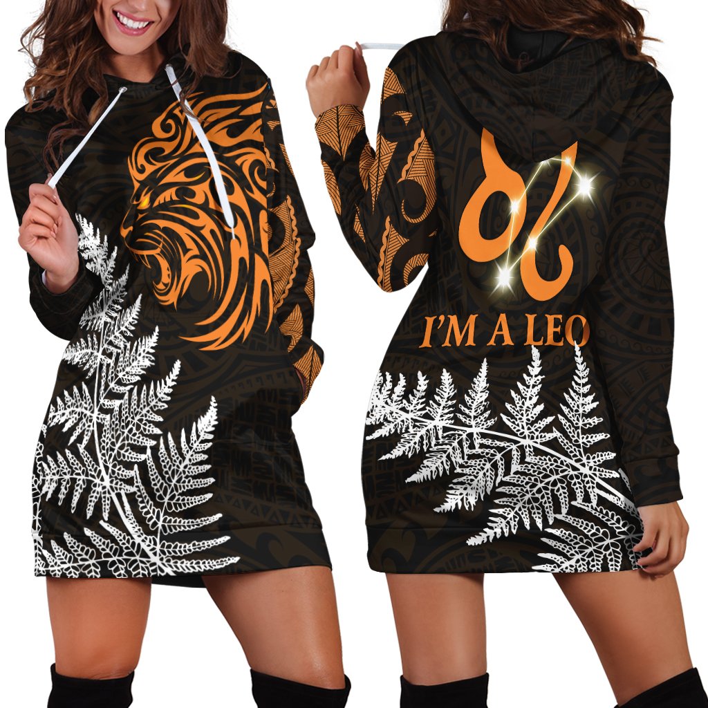 Leo Zodiac Style Maori Hoodie Dress Orange Lion LT13 Hoodie Dress Black - Polynesian Pride