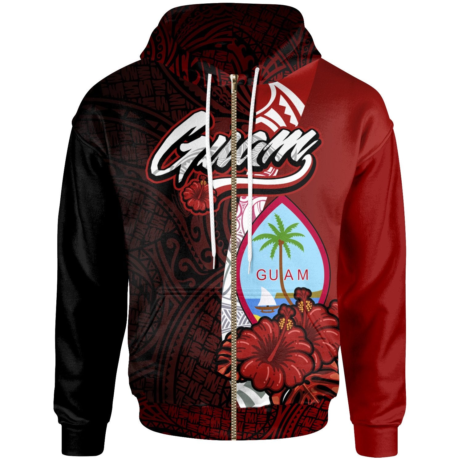 Guam Polynesian Zip up Hoodie Coat of Arm With Hibiscus Unisex Red - Polynesian Pride
