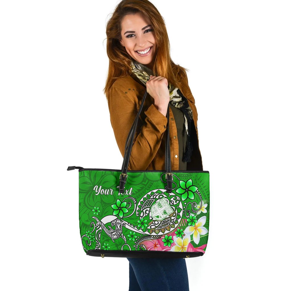 Fiji Custom Personalised Large Leather Tote Bag - Turtle Plumeria (Green) Green - Polynesian Pride