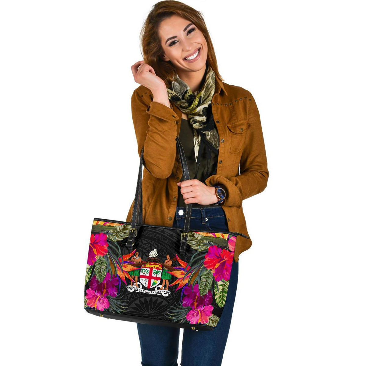 Fiji Large Leather Tote - Polynesian Hibiscus Pattern - Polynesian Pride