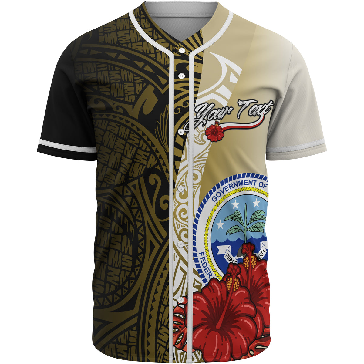 Federated States Of Micronesia Polynesian Custom Personalised Baseball Shirt - Coat Of Arm With Hibiscus Gold Unisex Gold - Polynesian Pride