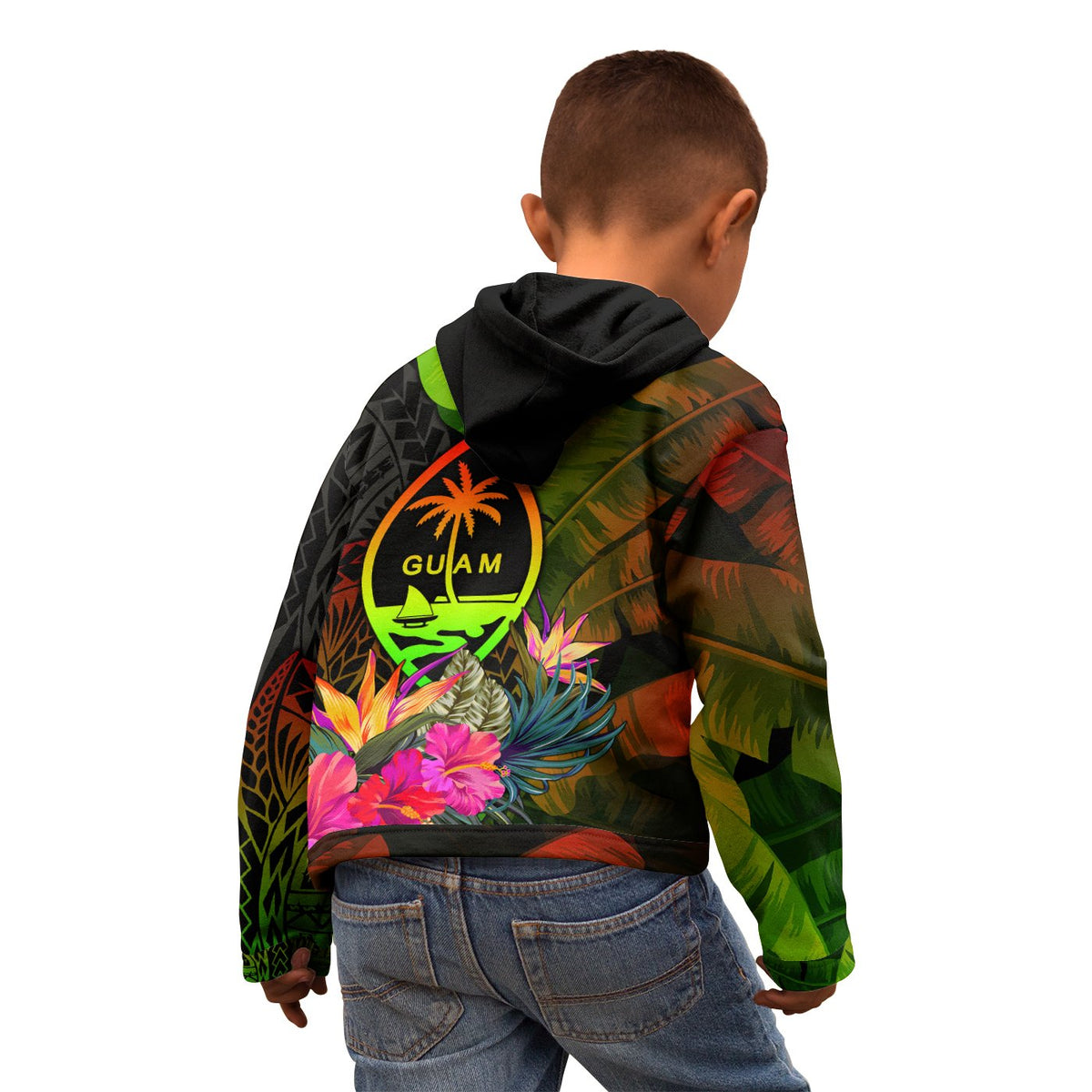 Guam Polynesian Zip up Hoodie Hibiscus and Banana Leaves - Polynesian Pride