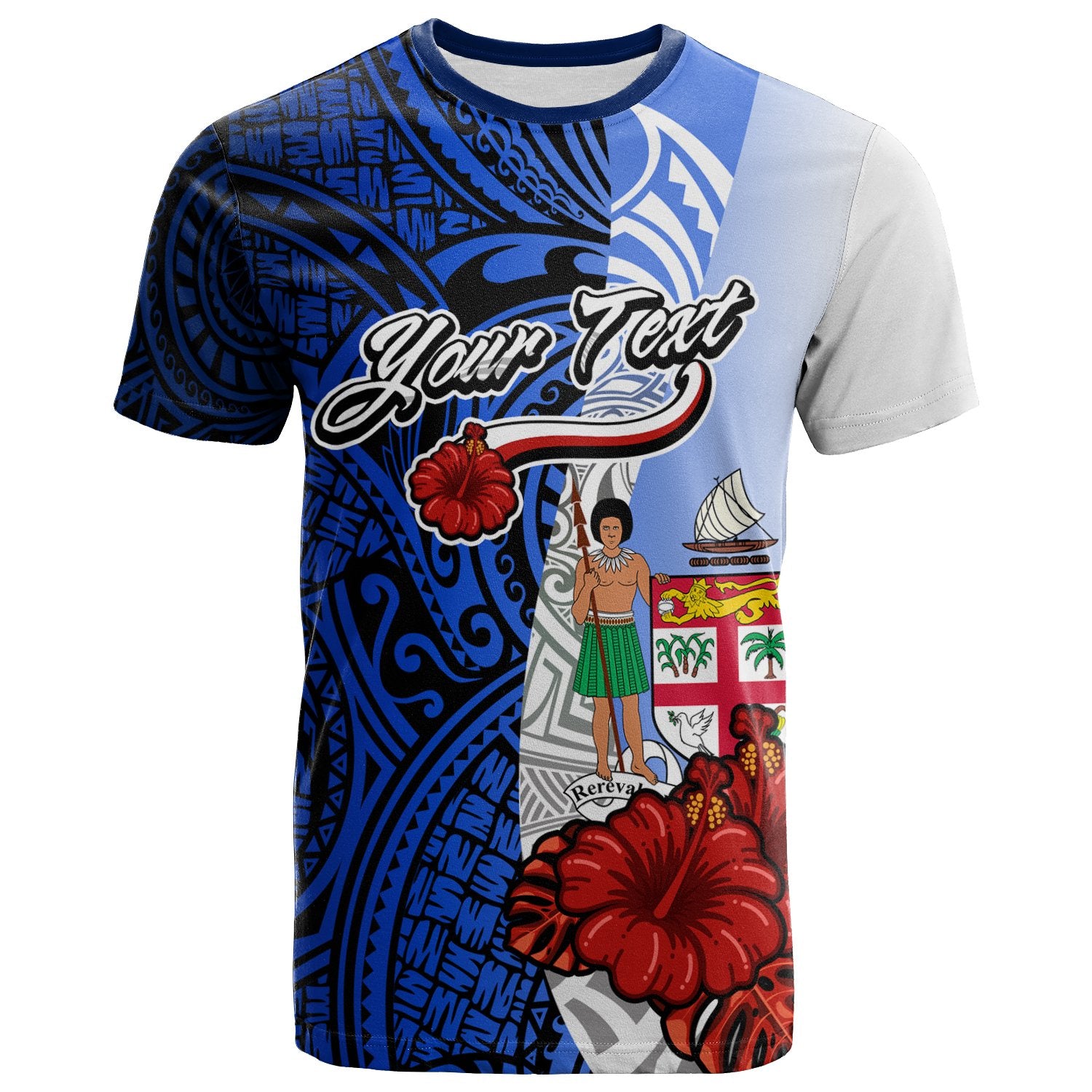 Fiji Polynesian Custom T Shirt Coat of Arm With Hibiscus Blue Unisex Blue - Polynesian Pride