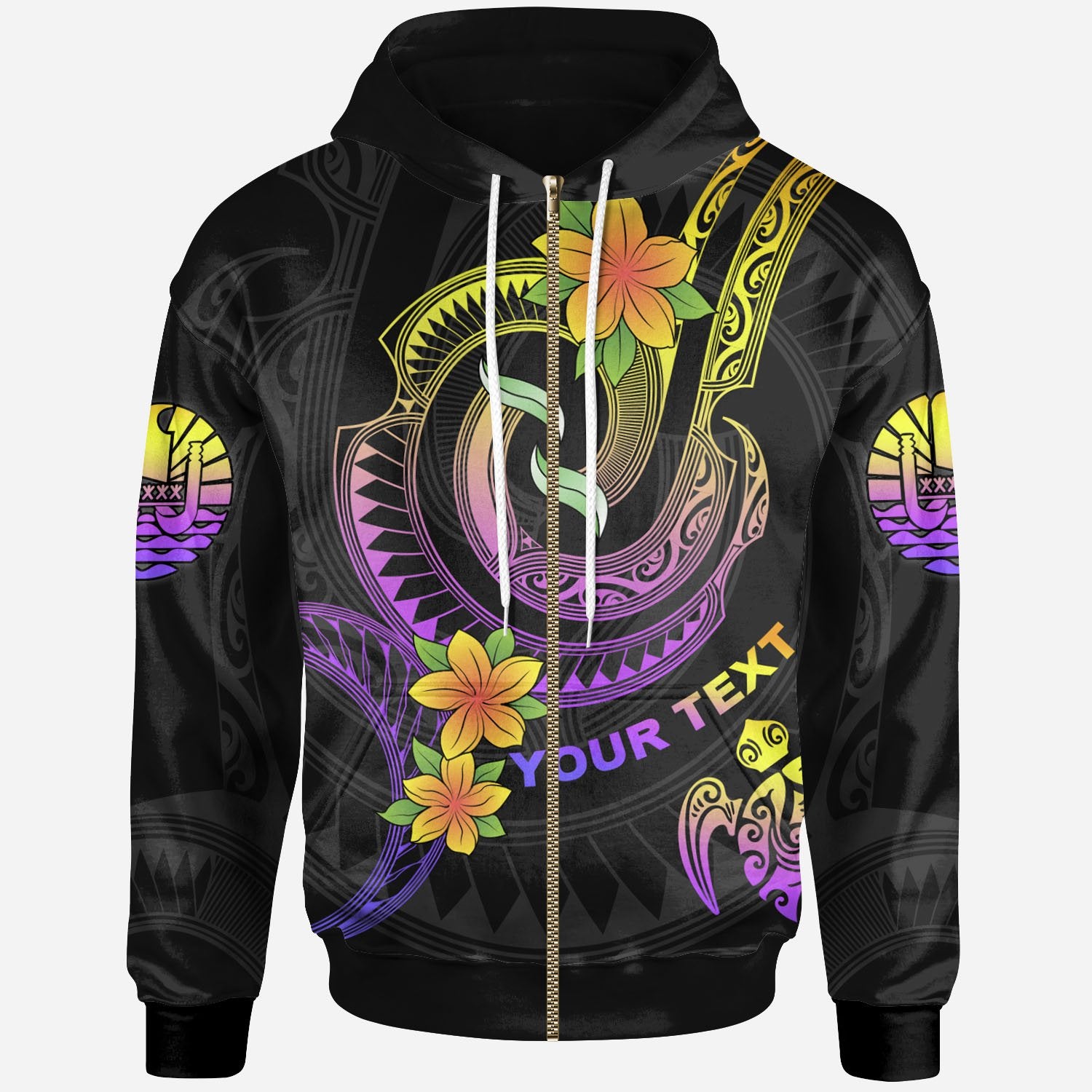 Tahiti Custom Zip up Hoodie Plumeria Flowers with Spiral Patterns Unisex Black - Polynesian Pride