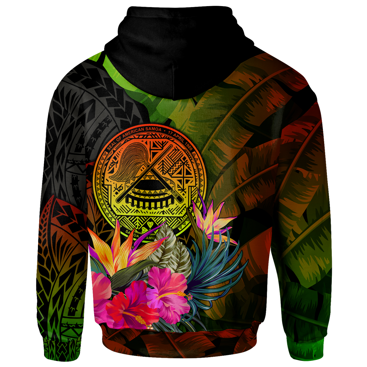 American Samoa Polynesian Zip up Hoodie Hibiscus and Banana Leaves - Polynesian Pride