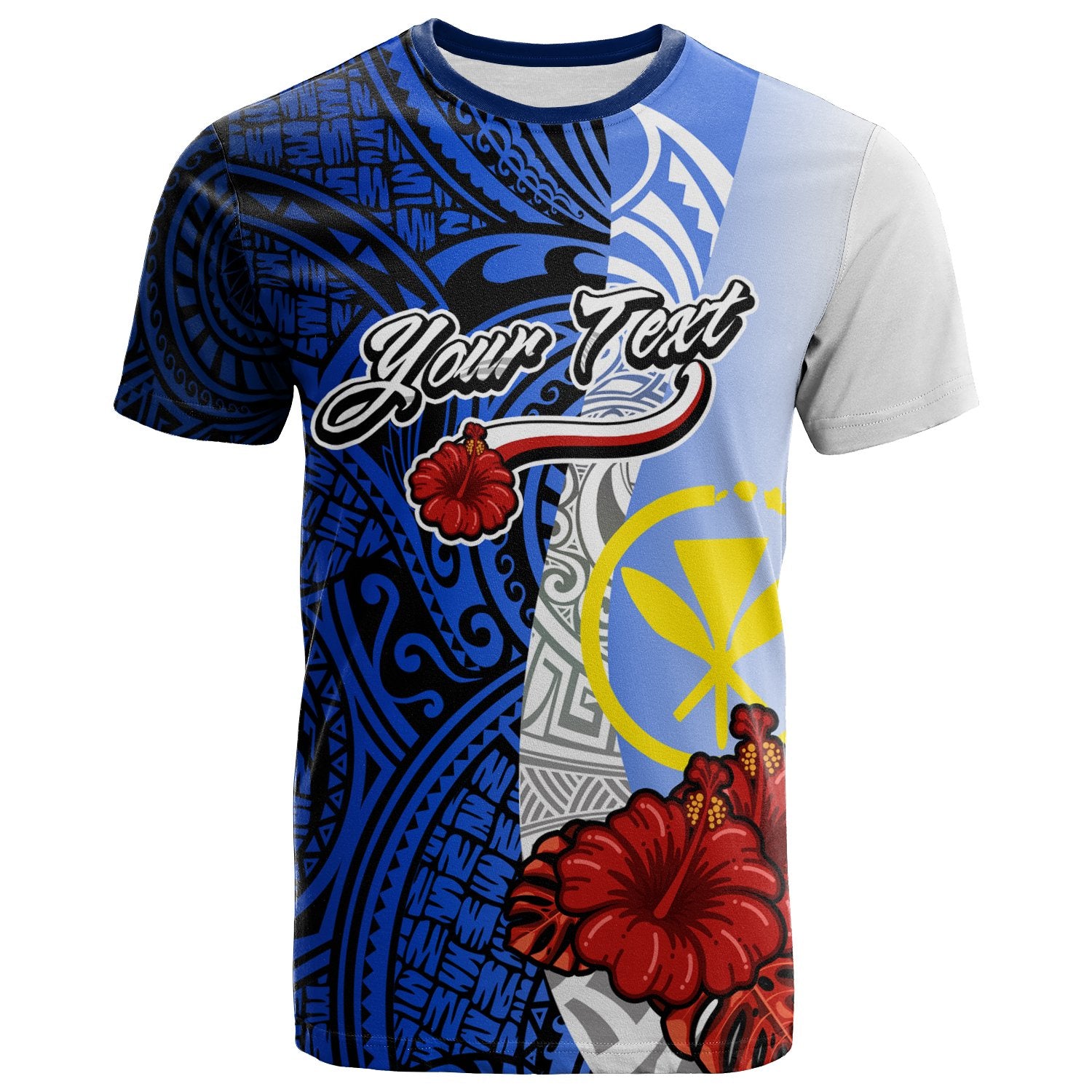 Hawaii Polynesian Custom T Shirt Coat of Arm With Hibiscus Blue Unisex Blue - Polynesian Pride