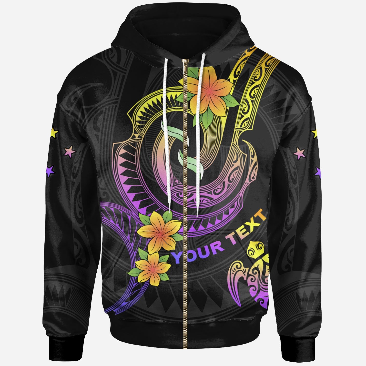 Federated States of Micronesia Custom Zip up Hoodie Plumeria Flowers with Polynesian Patterns Unisex Black - Polynesian Pride