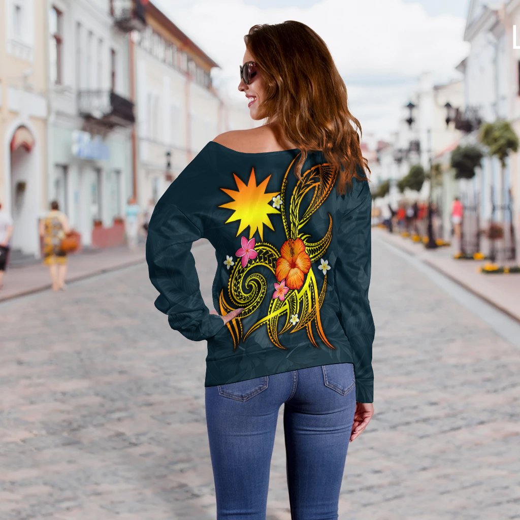 Nauru Polynesian Personalised Women's Off Shoulder Sweater - Legend of Nauru (Blue) - Polynesian Pride