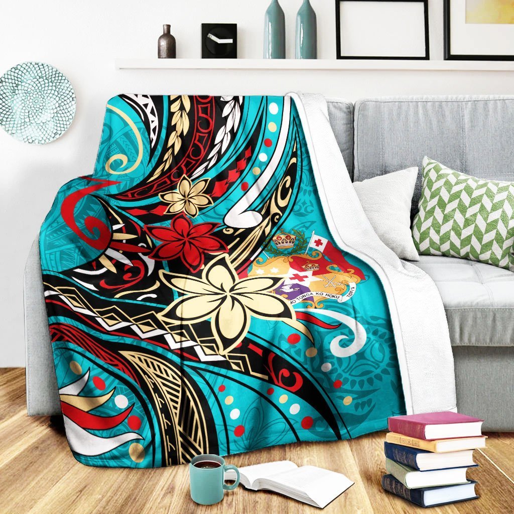 Tonga Premium Blanket - Tribal Flower With Special Turtles Blue Color - Polynesian Pride