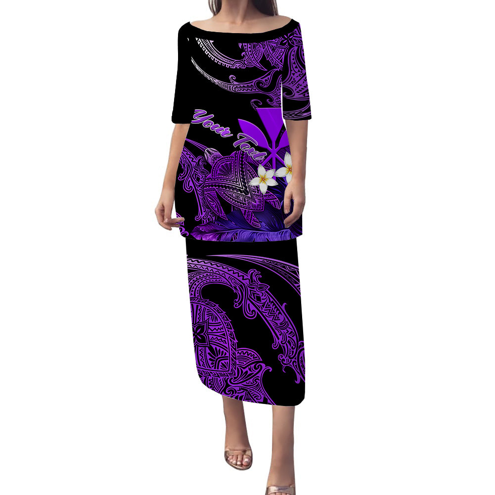 (Custom Personalised) Hawaii Turtle With Plumeria Leaf Purple Puletasi Dress - LT12 Long Dress Black - Polynesian Pride